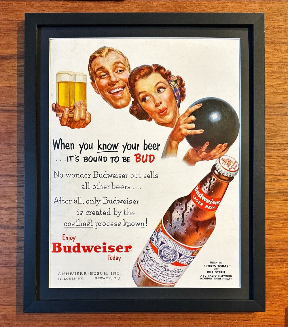 Framed Original Print Ad 1954 Budweiser Beer Vintage Bowling Night